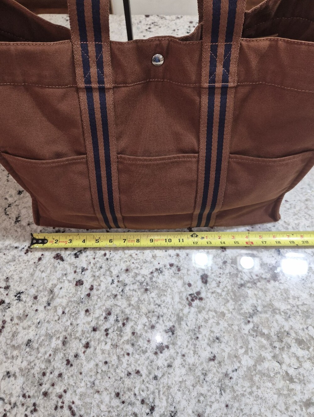 Hermès Fourre Tout GM Canvas Tote Bag Brown Navy Blue Striped Vintage - Picture 12 of 15